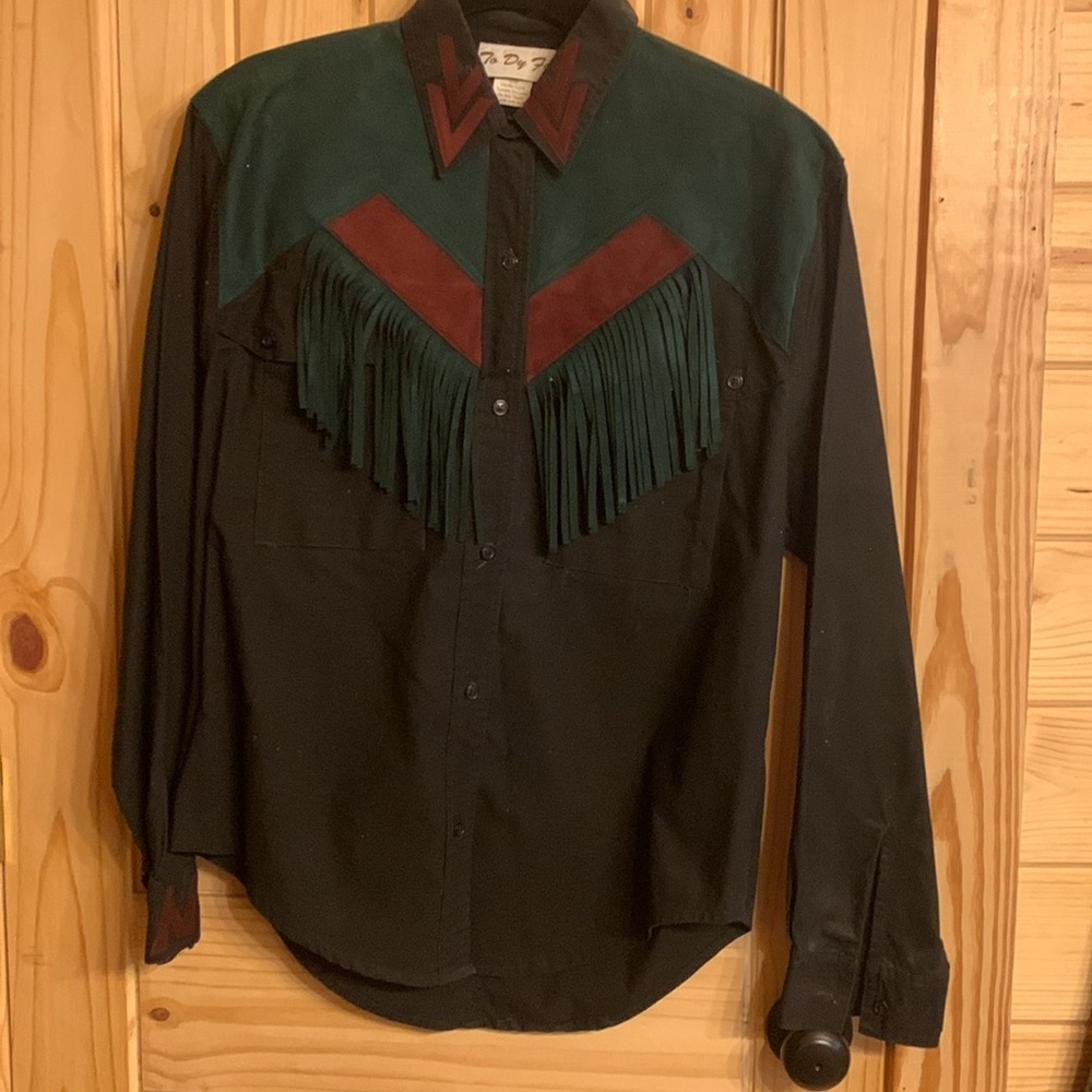 Western Rodeo Shirt Green & Burgundy Suede Size Large View 3